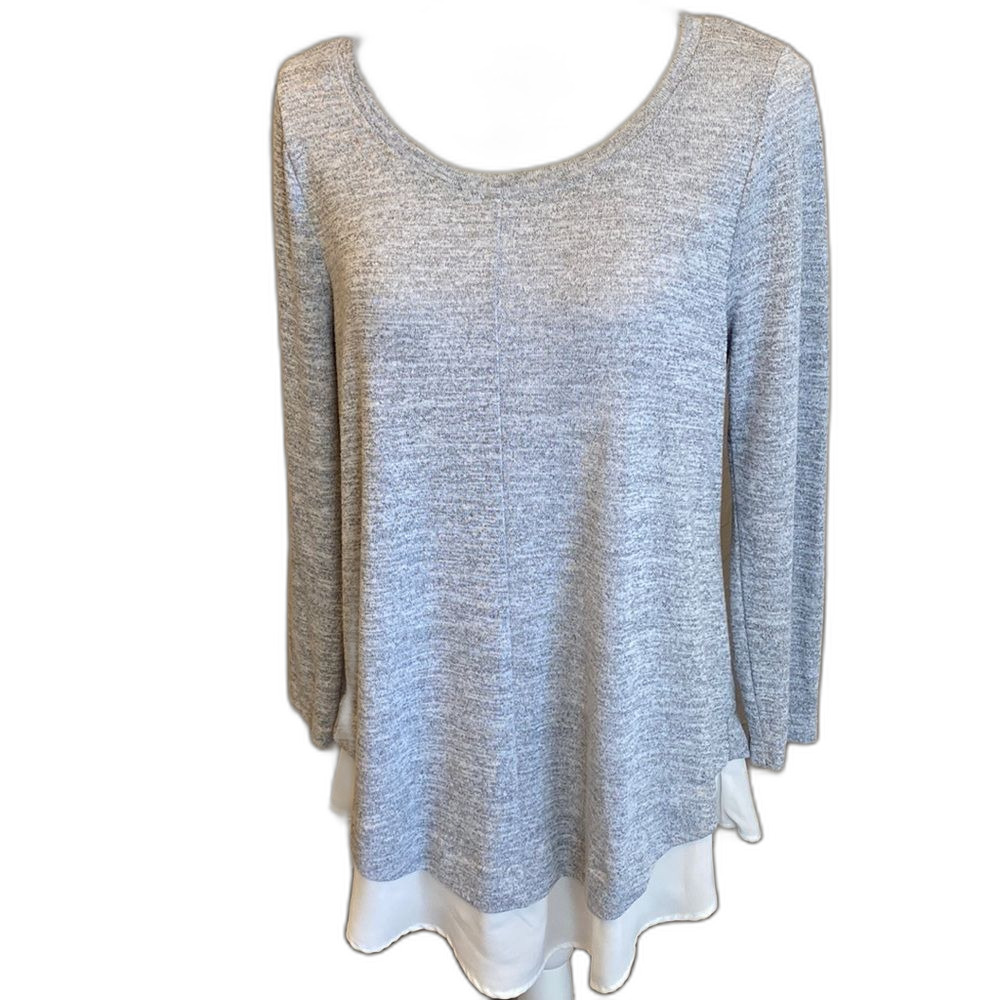 Skies are Blue Grey Knit Long Sleeve Sheer Tunic Bottom Grey/White Size LG EUC
